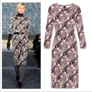 Tory Burch Silk Runway Dagny Botanical Print Dress in Brown & Pink 3/4 Sleeves